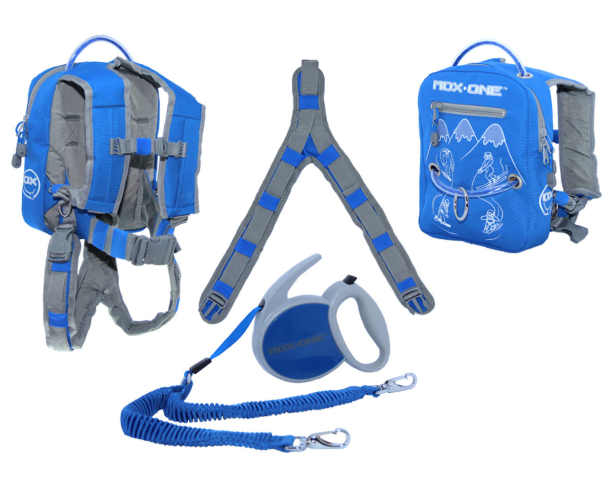 HARNAIS SKI RETRACTABLE-Un harnais qui combine un sac-à-dos pour les jeunes enfants et une laisse rétractable pour les parents ou instructeurs. Un petit sac-à-dos de 10" de hauteur, 8" de largeur et 2" de profondeur. Une laisse rétractable qui s'étend sur
