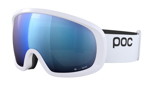 Fovea Mid ski goggles by POC with a blue lens and white frame for excellent vision and fit on smaller adult faces.